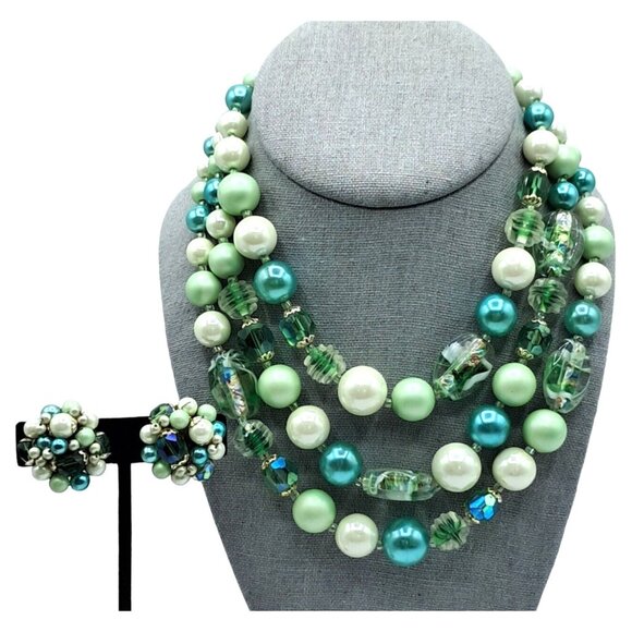 Japan Jewelry - Vintage Foil Art Glass Beaded Necklace Earrings Japan Multi-Strand Set Signed Vi